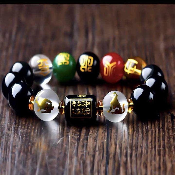 Buddha Stones Chinese Zodiac Feng Shui Obsidian Five-Element Wealth Porsperity Bracelet - image 1