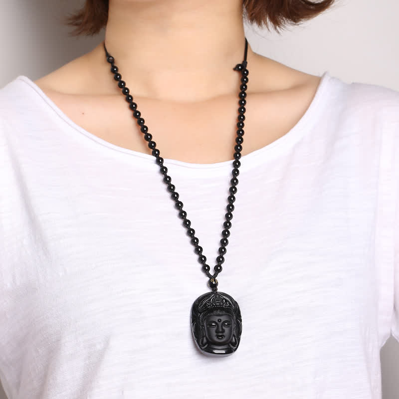 Buddha Stones Natural Black Obsidian Kwan Yin Avalokitesvara Strength String Necklace Pendant - image 2