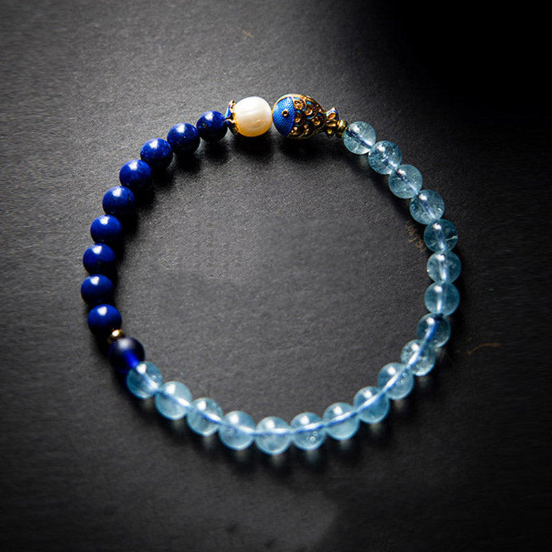 Buddha Stones Natural Aquamarine Lazurite Fish Healing Bracelet - image 2