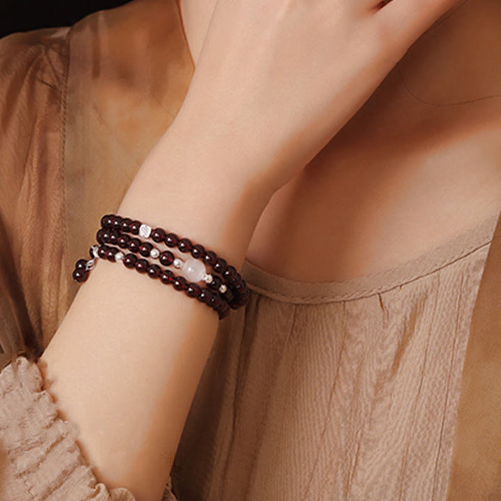 Buddha Stones 925 Sterling Silver Natural Garnet Cat Eye Protection Triple Wrap Bracelet - image 9