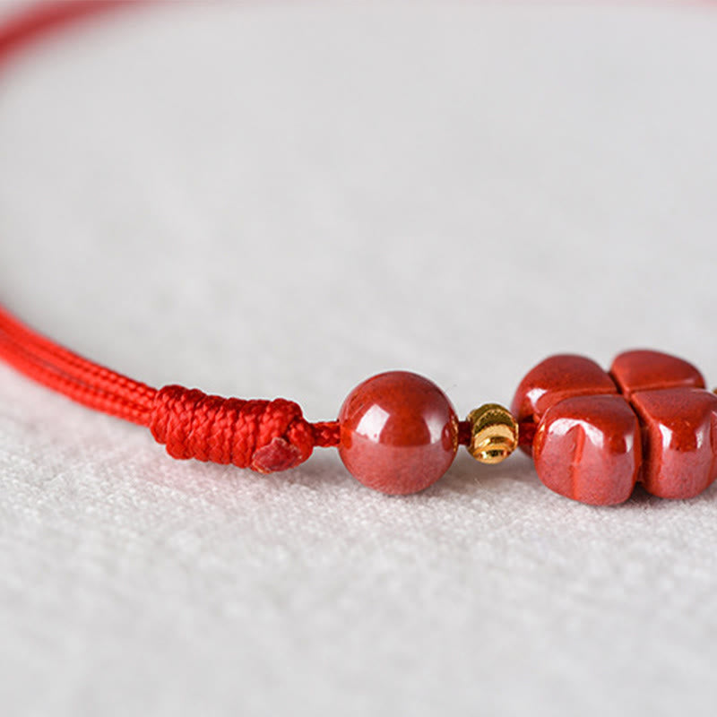 Buddha Stones Four Leaf Clover Cinnabar Blessing Calm String Bracelet Anklet - image 5
