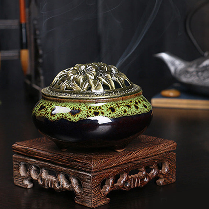 Buddha Stones Flower Pattern Ceramic Blessing Meditation Incense Burner Decoration - image 4