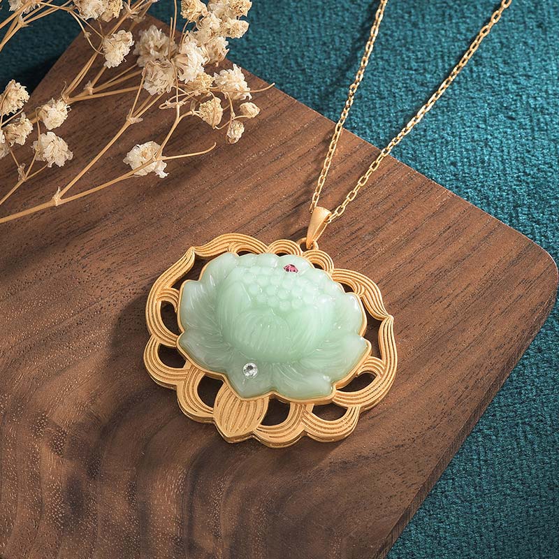 Buddha Stones Natural Jade Lotus Harmony Necklace Pendant - image 1