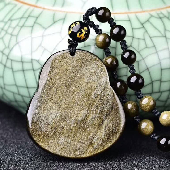 Buddha Stones Laughing Buddha Gold Sheen Obsidian Wealth Necklace Pendant - image 4