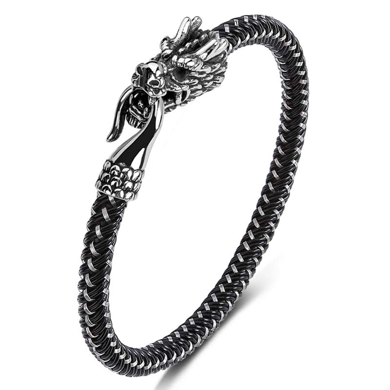 Buddha Stones Dragon Titanium Steel Protection Luck Bracelet - Black&White - 165mm - image 0
