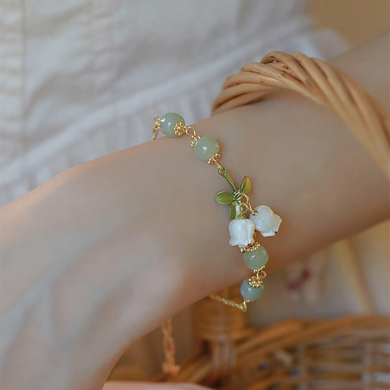 Buddha Stones Green Jade Bead Lily of the Valley Prosperity Chain Bracelet - image 4