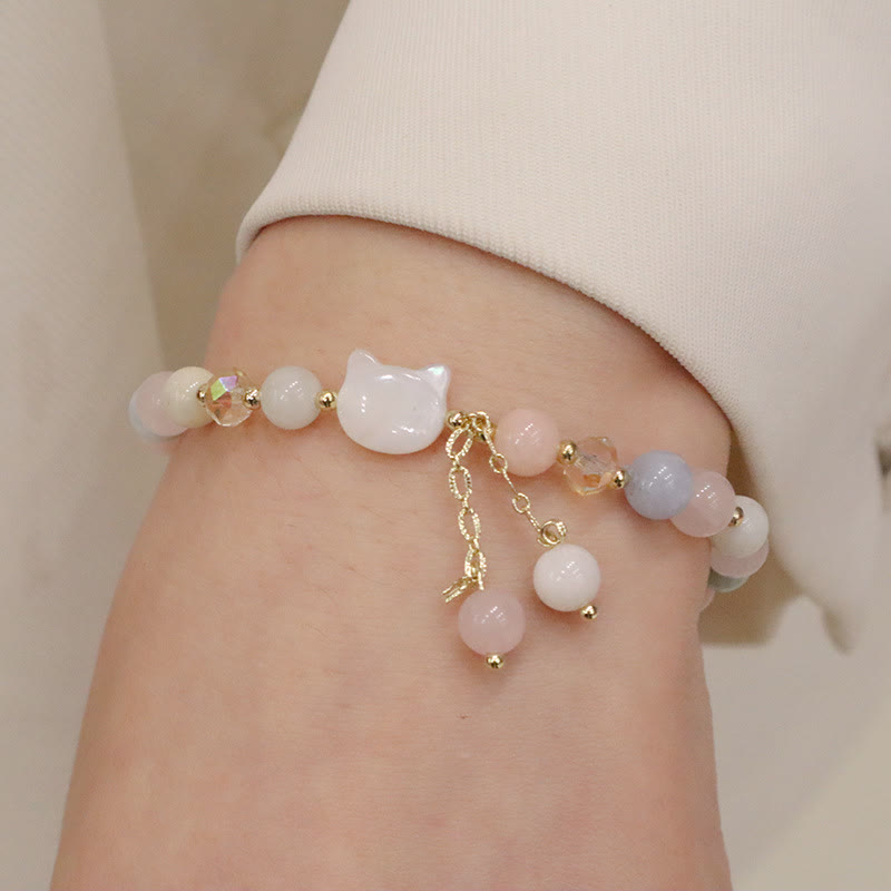 Buddha Stones Natural Strawberry Quartz Morganite Tridacna Stone Cat Love Bracelet - image 5