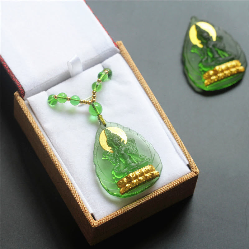 Buddha Stones Tibetan Green Tara Buddha Gold Plated Liuli Crystal Protection Necklace Pendant - image 5