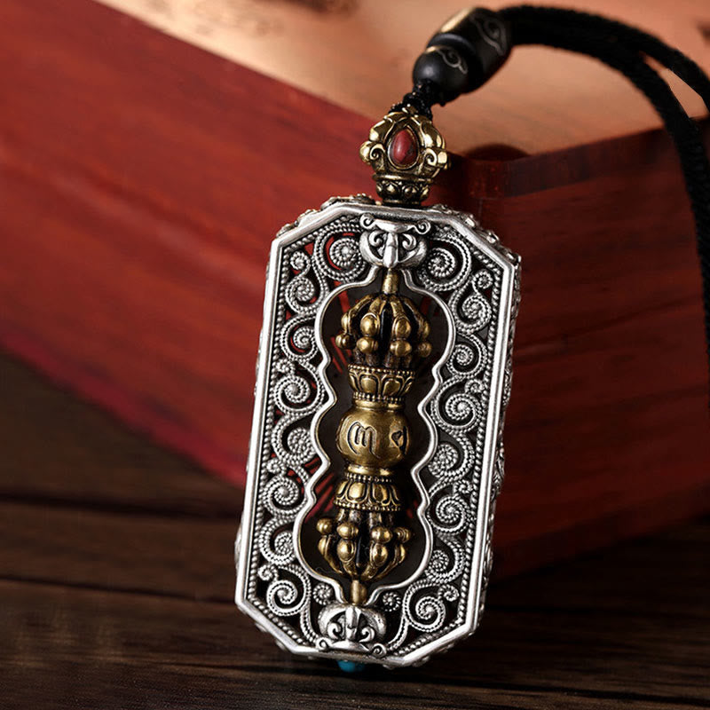 Buddha Stones Tibetan Om Mani Padme Hum Carved Dorje Vajra Rotatable Lotus Pattern Purity Rope Necklace Pendant - Dorje Vajra&Om Mani Padme Hum - image 0