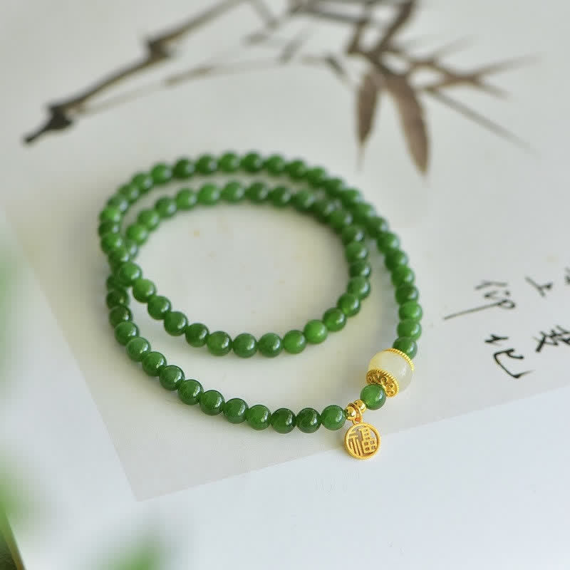 Buddha Stones Hetian Cyan Jade Happiness Blessing Bracelet - image 2