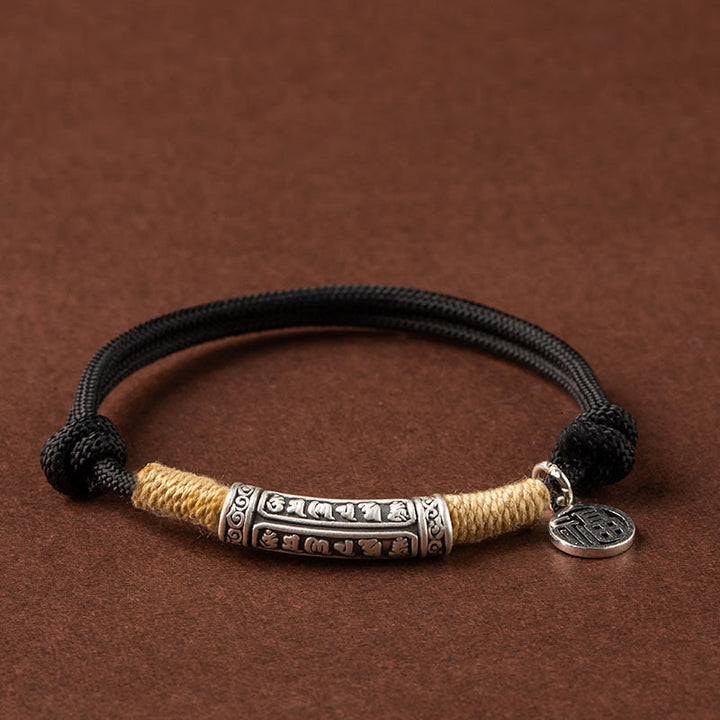 Buddha Stones 999 Sterling Silver Tibet Handmade Om Mani Padme Hum Fu Character TopRank Character Luck Braided Bracelet - Silver Om Mani Padme Hum - Black Rope(Wrist Circumference 15-19cm) - image 3