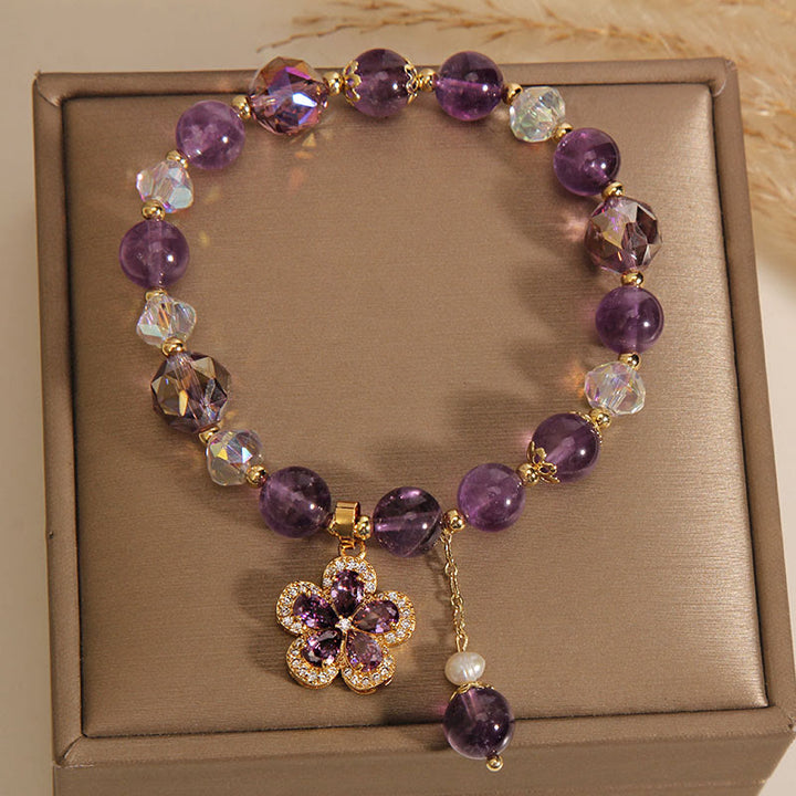Natural Amethyst Pearl Flower Charm Positive Transformation Bracelet - image 1