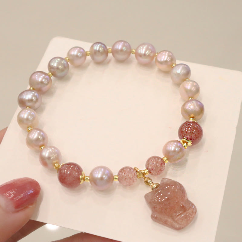 Buddha Stones Natural Pearl Strawberry Quartz Cute Fox Love Healing Charm Bracelet - image 1