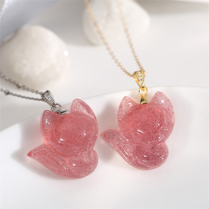 Buddha Stones 925 Sterling Silver Plated 14k Gold Strawberry Quartz Fox Healing Necklace Pendant - image 1