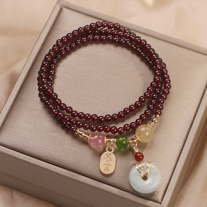 Buddha Stones Natural Garnet Strawberry Quartz Crystal Fox Koi Fish Peace Buckle Fortune Protection Triple Wrap Bracelet - image 9