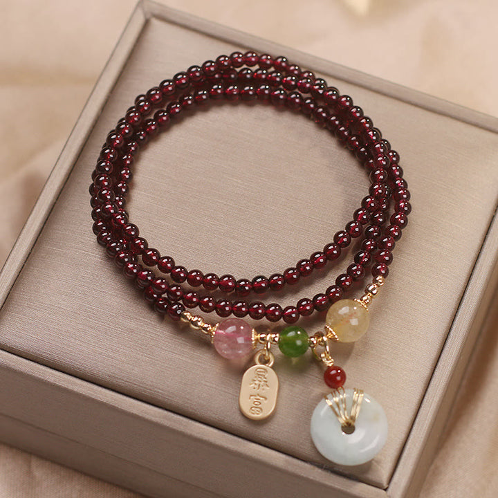 Buddha Stones Natural Garnet Strawberry Quartz Crystal Fox Koi Fish Peace Buckle Fortune Protection Triple Wrap Bracelet - image 9