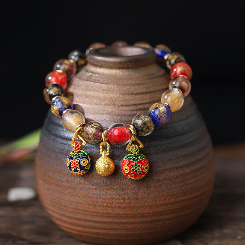 Buddha Stones Gold Swallowing Beast Family Charm Gold Silver Foil Liuli Glass Bead Blessings Bracelet - Multicolored - 10mm(18 Beads) - image 4