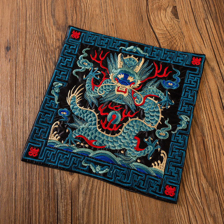 Buddha Stones Phoenix Dragon Kirin Embroidery Cup Mat Pad Tea Cup Coaster Kung Fu Tea Mat - Black Blue Dragon - image 22