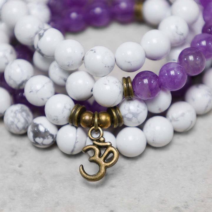 Buddha Stones 108 Mala Beads Amethyst White Turquoise OM Healing Meditation Energy Bracelet - image 2