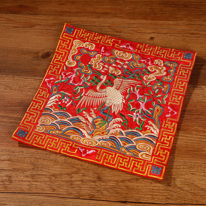 Buddha Stones Crane Phoenix Dragon Kirin Embroidered Cup Mat Pad Tea Cup Coaster Square Kung Fu Tea Mat - Red Crane - image 28