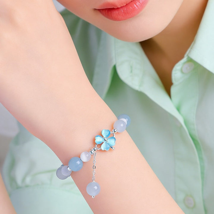 Buddha Stones Prehnite Rose Quartz Blue Chalcedony Lucky Clover Love Bracelet - image 9