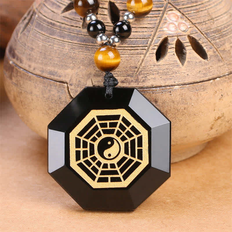 Buddha Stones Bagua Yin Yang Black Obsidian Purification Beaded Necklace Pendant - Black Obsidian (Purification ♥ Transformation) - image 0