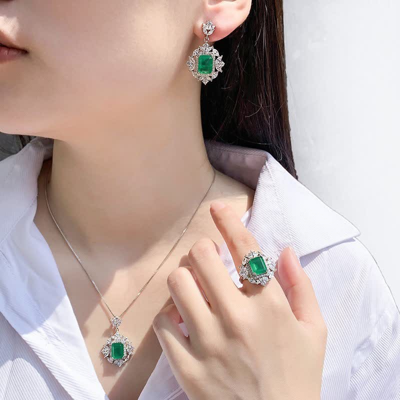 Buddha Stones Emerald Crystal Red Corundum Confidence Courage Ring Earrings Necklace Pendant - Green Set -  (Ring+Necklace+Earrings) - image 2