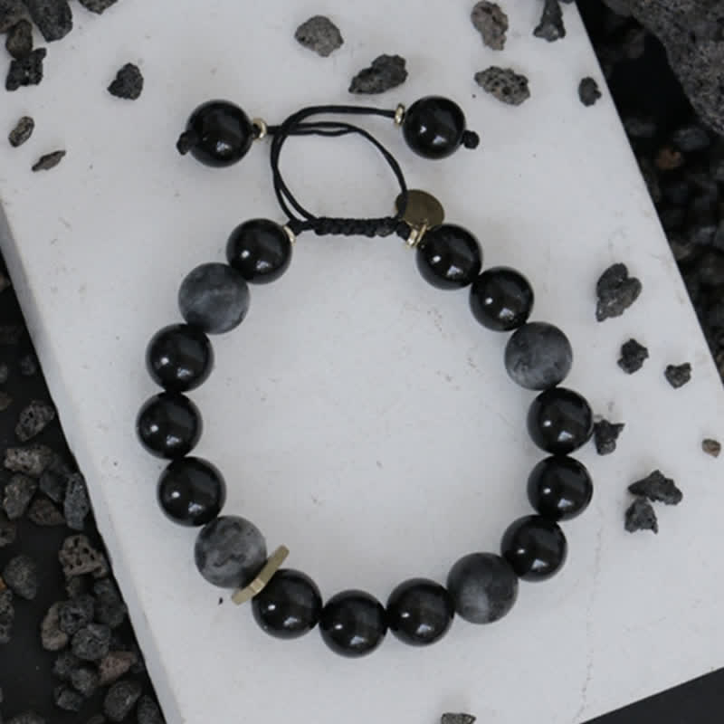Buddha Stones Black Obsidian Black Glitter Stone Purification Bracelet - image 11