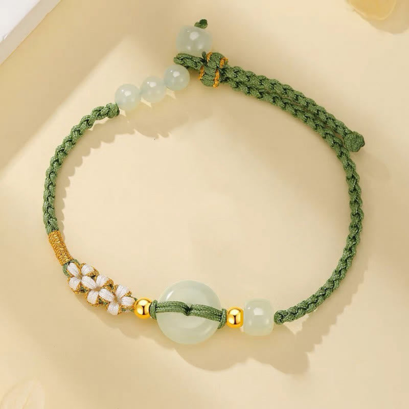 Buddha Stones Hetian Jade Peace Buckle Luck Peach Blossom Braided Bracelet - image 1