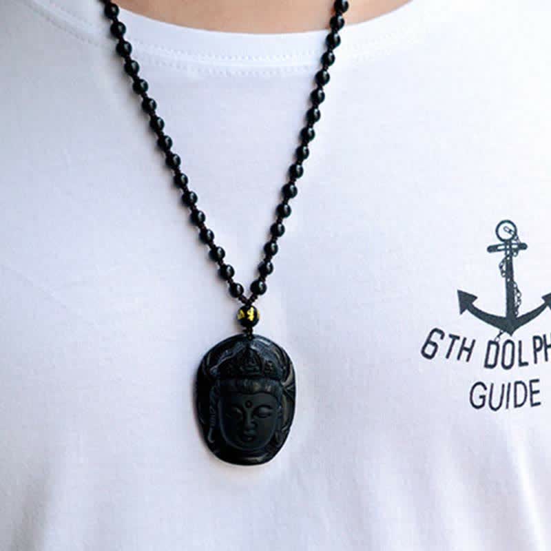 Buddha Stones Natural Black Obsidian Kwan Yin Avalokitesvara Strength String Necklace Pendant - image 3