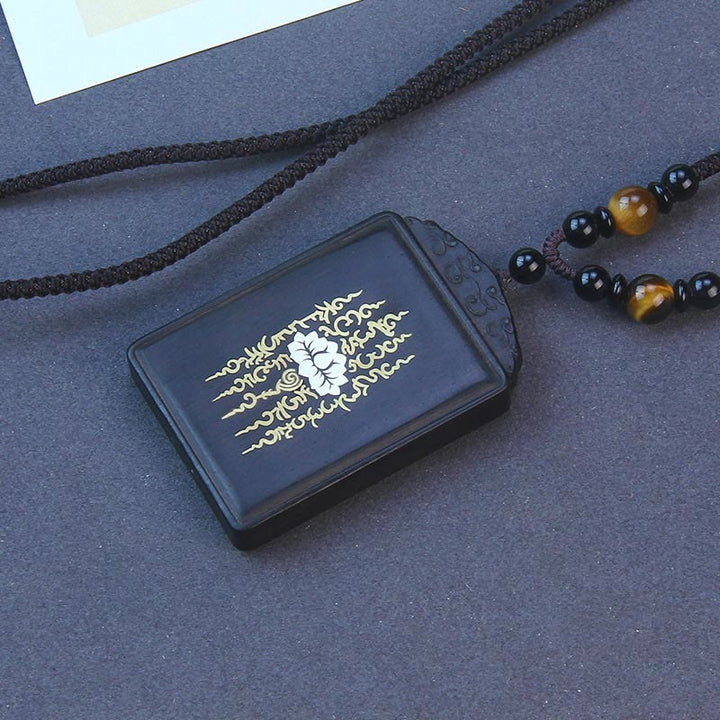 Buddha Stones 999 Sterling Silver Ebony Wood Lotus Inlaid Calm Necklace Pendant - Ebony Wood 6*4*1cm - image 0