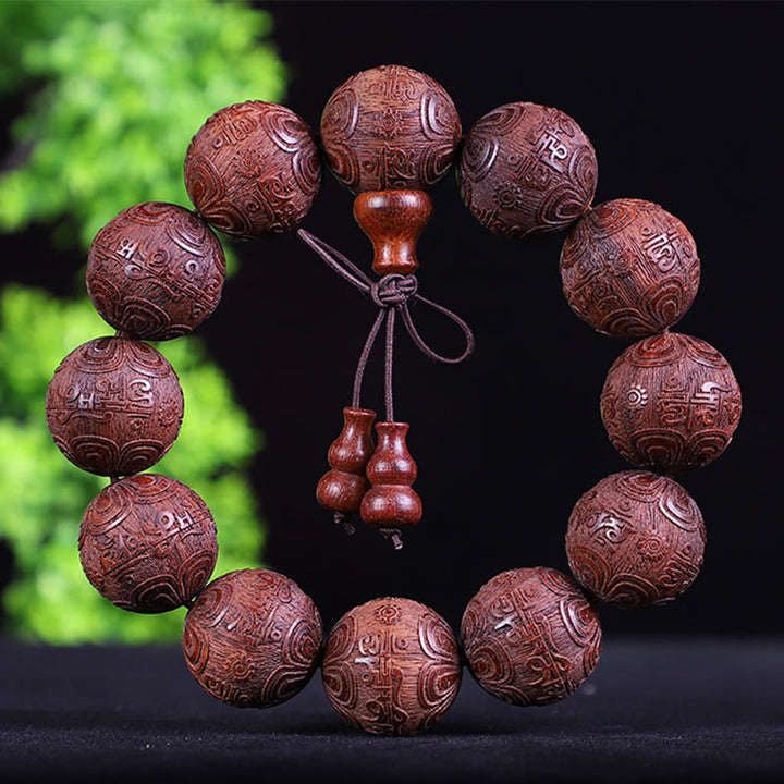 Buddha Stones Chinese Zodiac Rosewood Ebony Copper Coin PiXiu Carved Warmth Bracelet - Red Sandalwood Om Mani Padme Hum - image 9