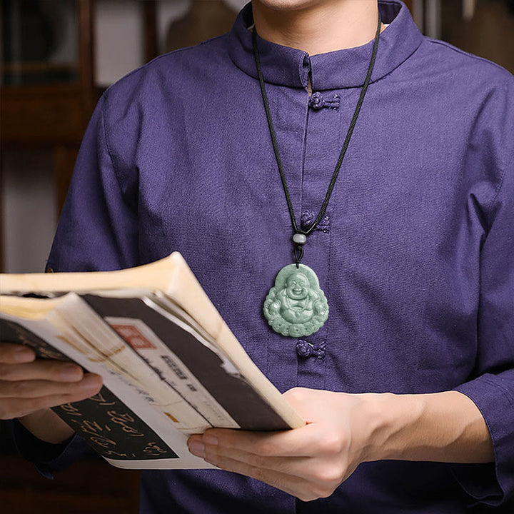 Buddha Stones Laughing Buddha Natural Jade Copper Coin Abundance Necklace Pendant - image 4