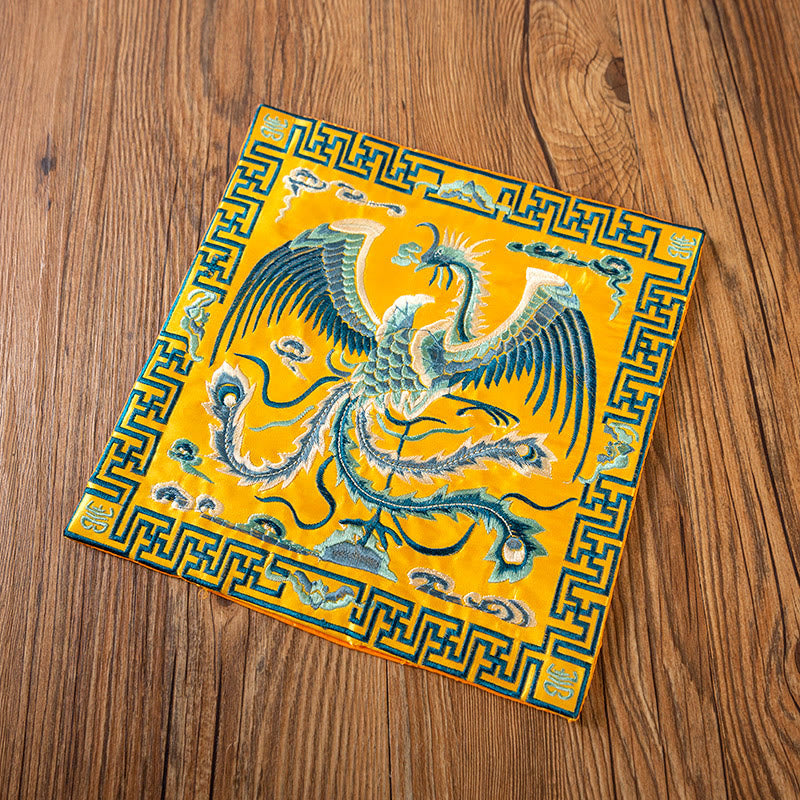 Buddha Stones Phoenix Dragon Kirin Embroidery Cup Mat Pad Tea Cup Coaster Kung Fu Tea Mat - Yellow Phoenix - image 28
