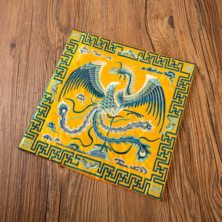 Buddha Stones Phoenix Dragon Kirin Embroidery Cup Mat Pad Tea Cup Coaster Kung Fu Tea Mat - Yellow Phoenix - image 28