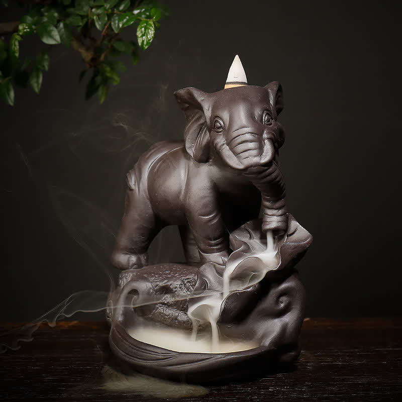 Tibetan Elephant Purple Clay Backflow Smoke Fountain Peace Healing Incense Burner Decoration - image 1