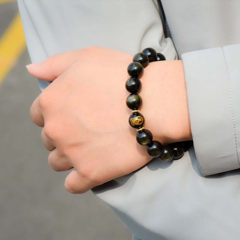 Buddha Stones Chinese Zodiac Natal Buddha Gold Sheen Obsidian Wealth Protection Bracelet - image 15