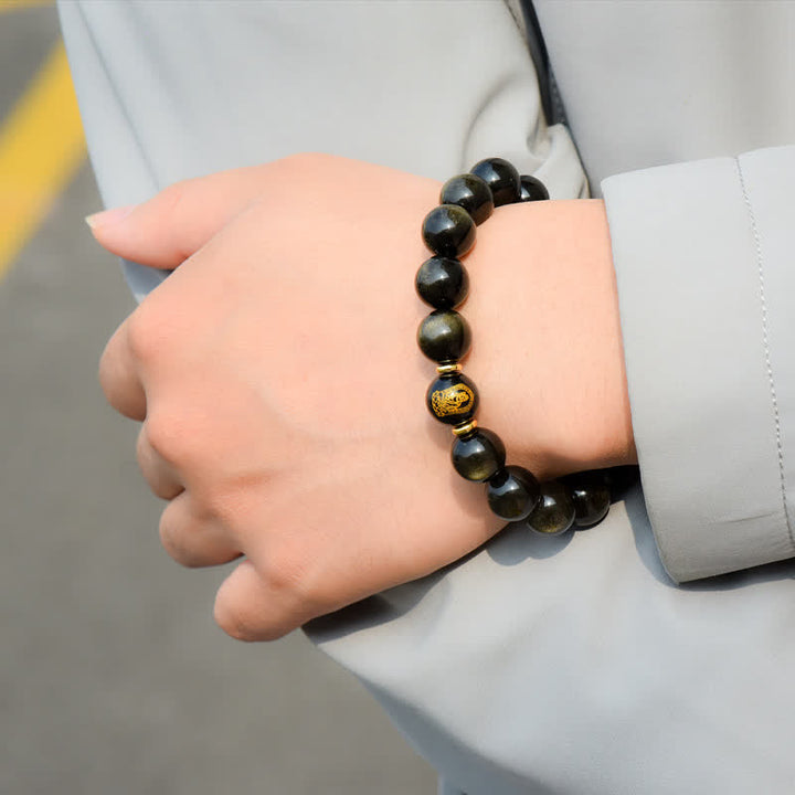 Buddha Stones Chinese Zodiac Natal Buddha Gold Sheen Obsidian Wealth Protection Bracelet - image 15