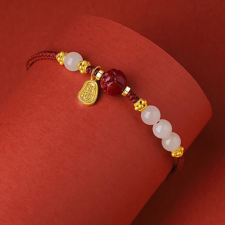 Buddha Stones 24K Gold Plated Hetian White Jade Cinnabar Lotus Luck Rope Bracelet - image 2