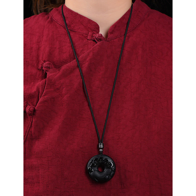 Buddha Stones Chinese Zodiac Natural Black Obsidian Peace Buckle Strength Necklace Pendant - image 11