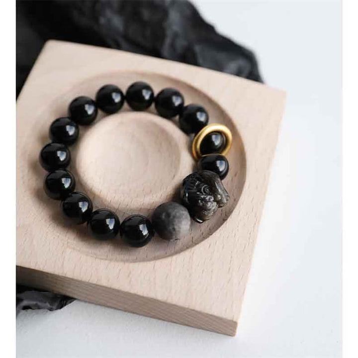 Buddha Stones Black Obsidian Silver Sheen Obsidian Lion Strength Bracelet - image 7