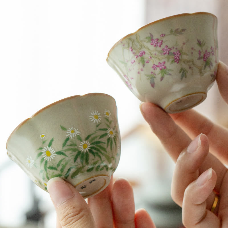 Buddha Stones Peach Blossom Daisy Flower Ceramic Teacup Kung Fu Tea Cups - image 1