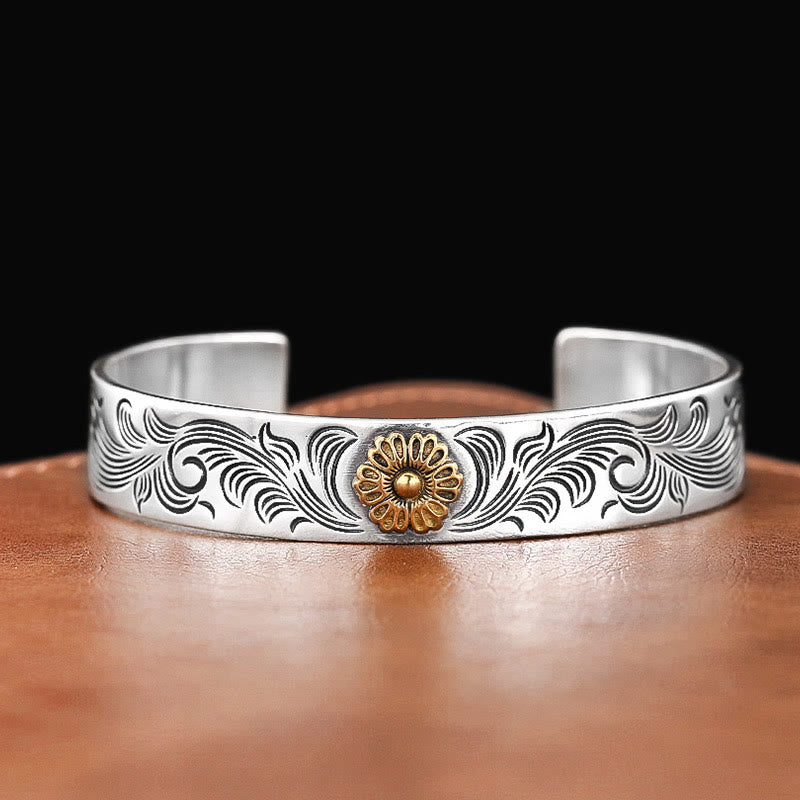 Buddha Stones Tang Dynasty Flower Design Rose Flower Feather Carved Copper Luck Bracelet Bangle - image 2