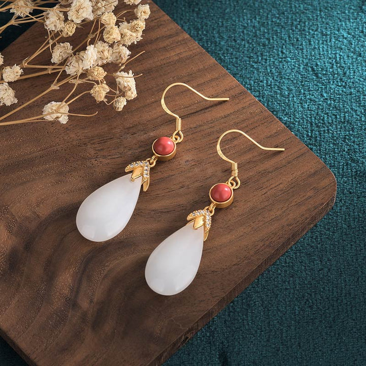 Buddha Stones FengShui White Jade Luck Drop Earrings - image 9