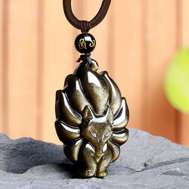 Buddha Stones Natural Rainbow Obsidian Gold Sheen Obsidian Nine Tailed Fox Positive Necklace Pendant - image 8
