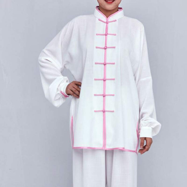 Buddha Stones Meditation Zen Prayer Spiritual Tai Chi Qigong Practice Unisex Embroidery Clothing Set - White + Pink Edge Long Sleeve - US12，UK/AU16，EU44 (2XL) - image 14