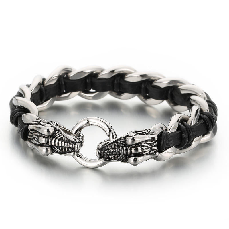 Buddha Stones Dragon Leather Titanium Steel Protection Luck Braided Bracelet - Silver&Black - image 9