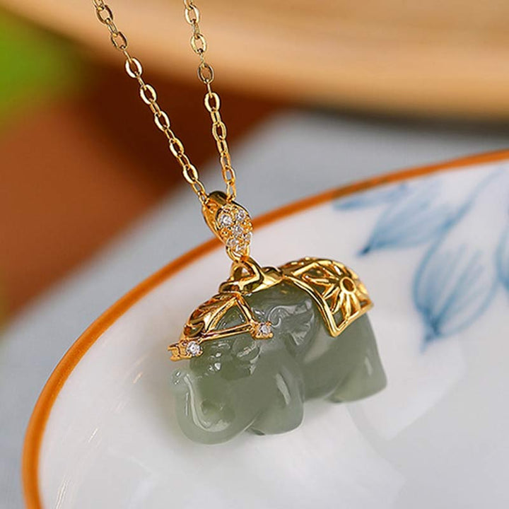 Buddha Stones 925 Sterling Silver Jade Elephant Blessing Fortune Necklace Chain Pendant - image 5