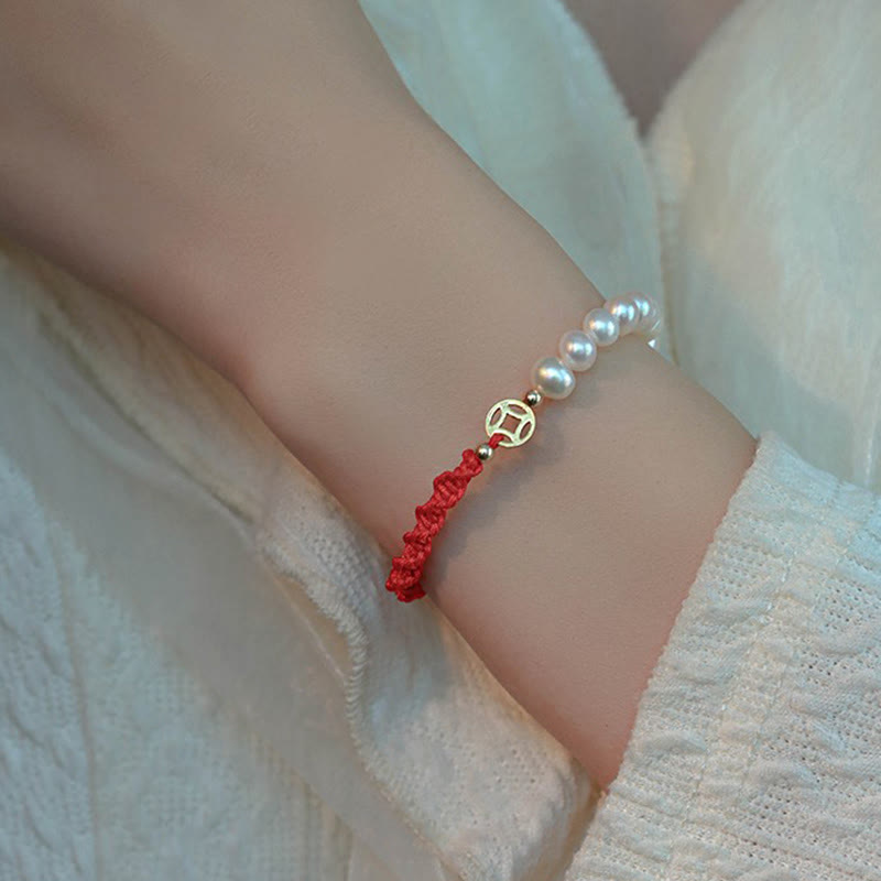 Buddha Stones 14K Gold Plated Pearl Bead Luck Protection Braid Red String Bracelet - image 12