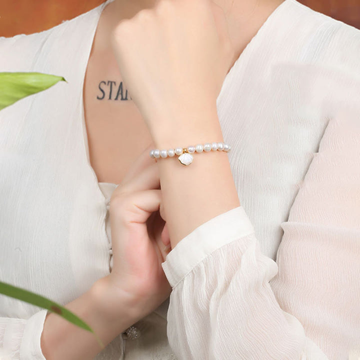Buddha Stones 14K Gold Plated Natural Pearl Crystal Shell Charm Bead Bracelet - image 9
